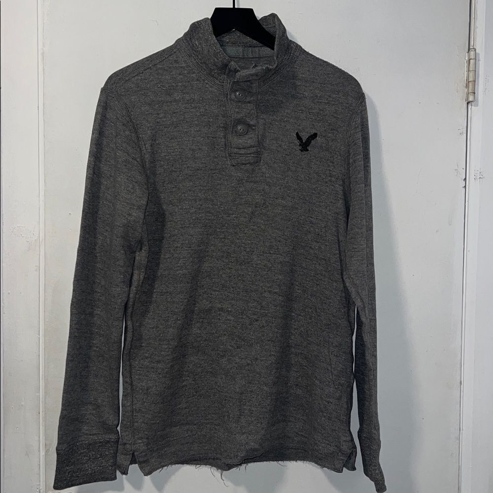 AMERICAN EAGLE OUTFITTERS Grey Quarter Button Rib Knit Cotton Pullover-L